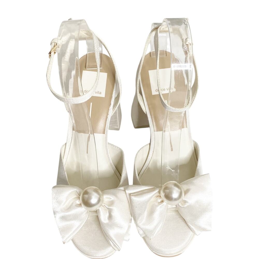 NEW Dolce Vita Platform Ivory Satin Heels with Bow and Pearl Detail 7